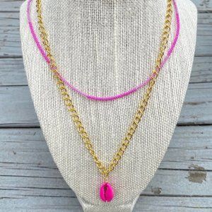 Hand crafter, gold chain with layered pink beaded necklace with pink shell charm